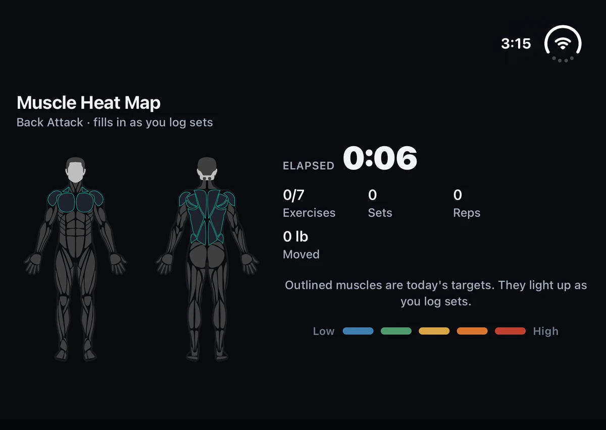 Muscle Heat Map on the top screen for the Back Attack workout, with elapsed time, sets, and reps beside it