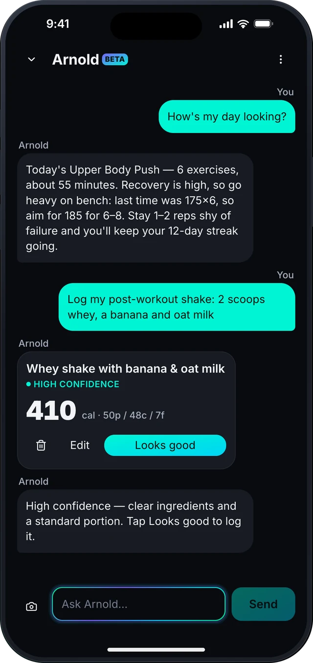 Arnold, the AI coach, logging a post-workout shake from a chat message