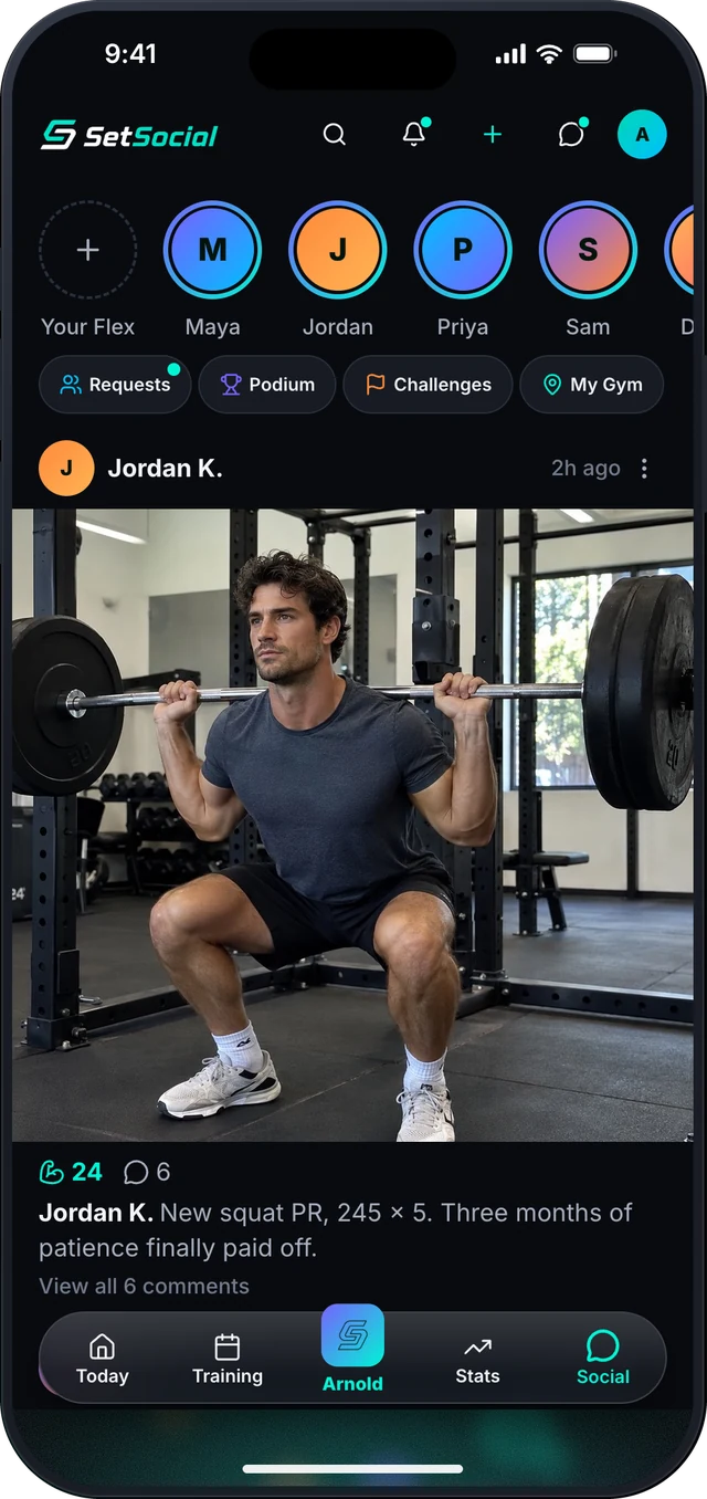 The SetSocial feed with Flex stories and a friend's squat PR