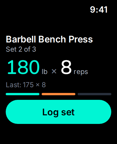 Apple Watch showing Barbell Bench Press, set 2 of 3, with a Log set button